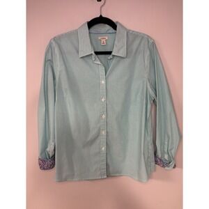 LL Bean Striped‎ Shirt Womens M Petite Green Button Down Floral Cuff